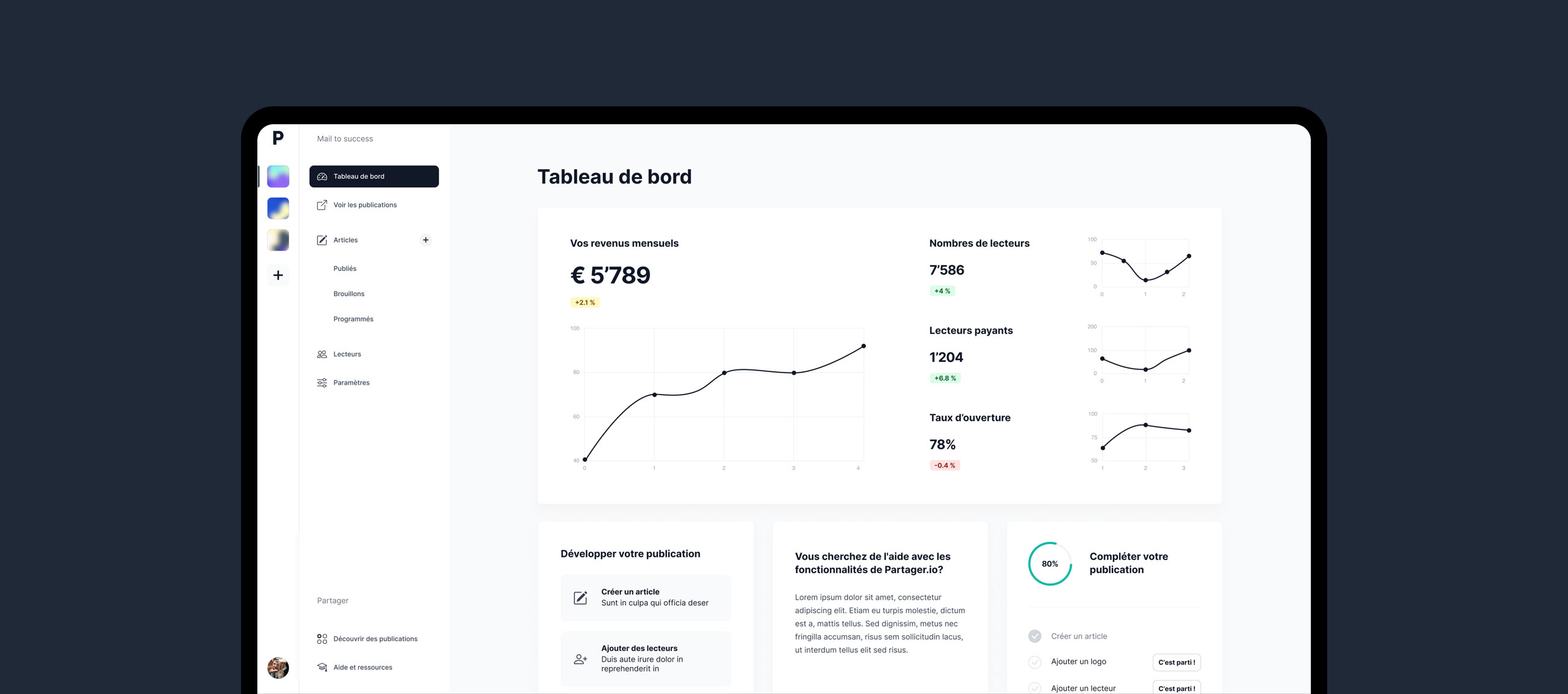 Dashboard de l'application